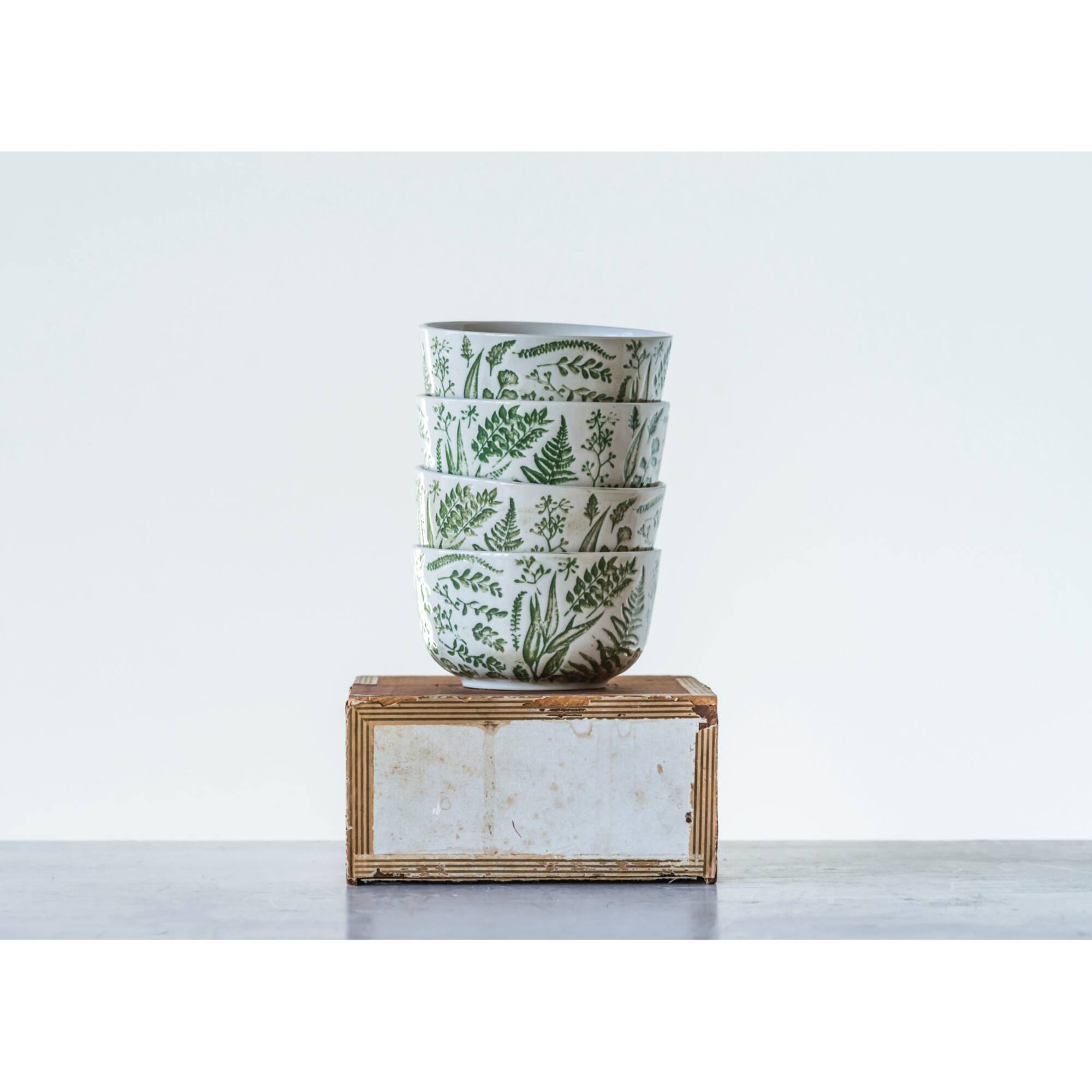 Hello Honey® White Hand Stamped & Embossed Green Pattern Stoneware Bowl Set